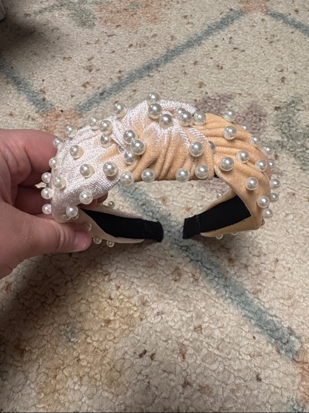 LOVNFC Women’s Pearl-Embellished Knotted Two-Tone Velvet Headband - Peach/Blush